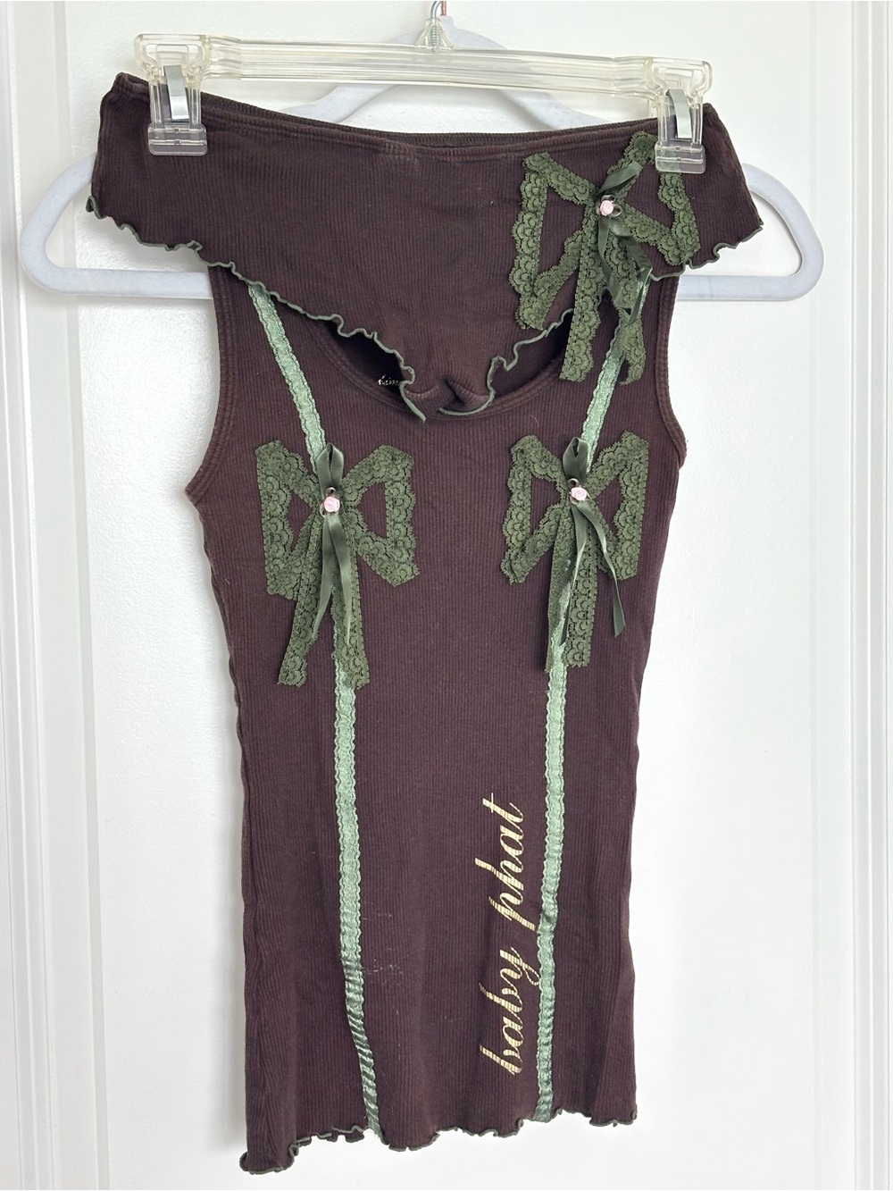 Vintage Y2K Baby Phat Lace Pajama Set Brown Green Small 2 Piece Set Ribbed Cami